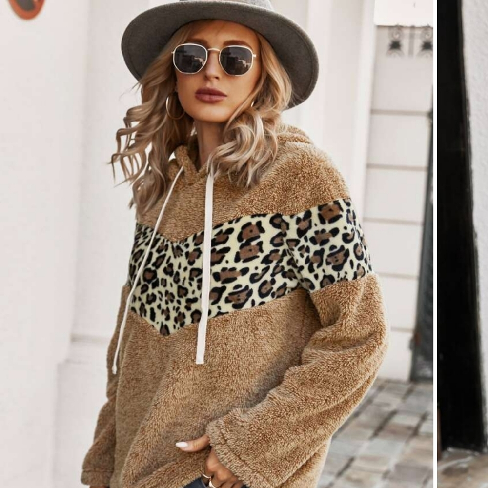 1 LEFT! MEDIUM Mocha Brown Leopard Teddy Hoodie - Picture 2 of 7